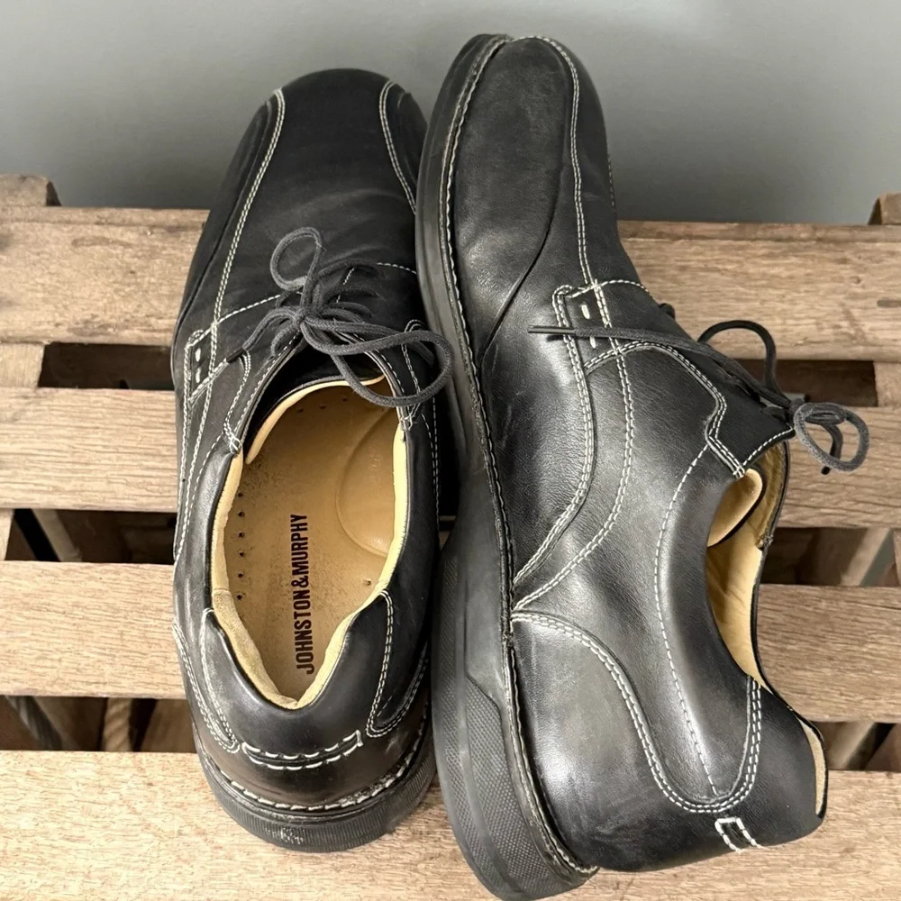 Johnston & Murphy Shuler Bicycle Oxford Shoes 11.5 Black Sheepskin‎ Leather A33